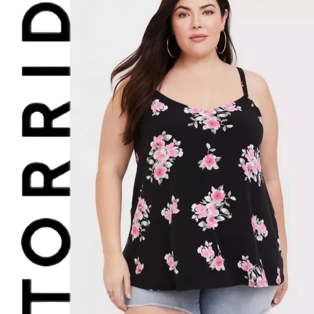 NWT Torrid Black Floral Studio Knit Swing Cami Color Red Rose Away Size 2